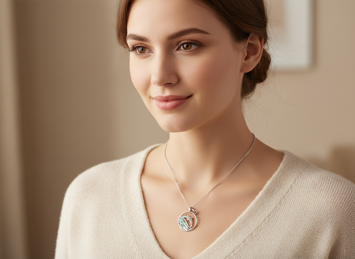 925 sterling silver dolphin pendant with abalone shell worn by a woman in a cozy sweater.
