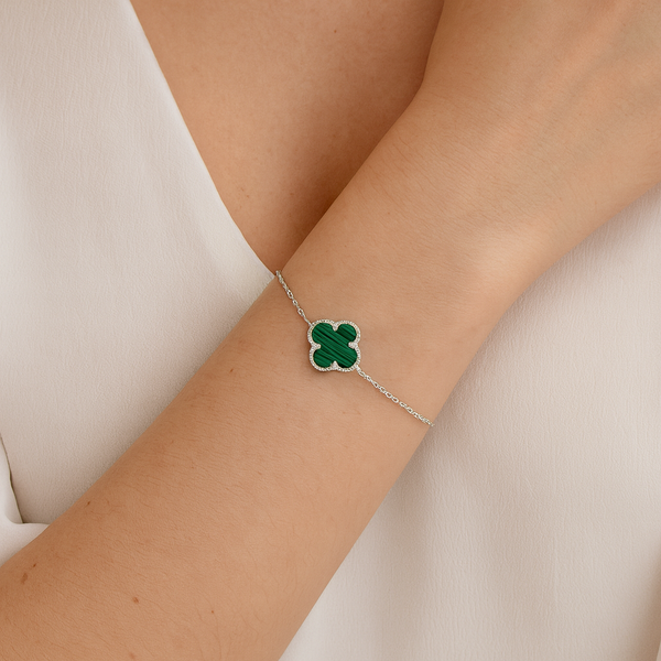 Elegant Sterling Silver Malachite Clover Bracelet