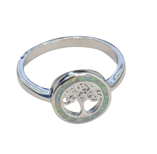 Sterling Silver Tree of Life Ring with Opal Inlay