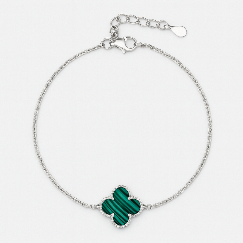 Elegant Sterling Silver Malachite Clover Bracelet