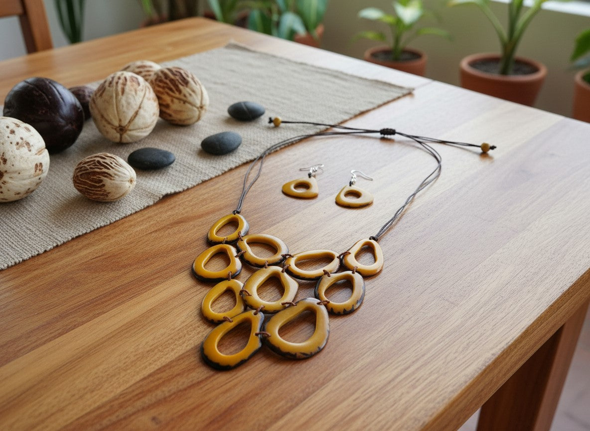 Handmade fair trade Tagua Necklace and earrings set, eco-friendly jewelry from Ecuador