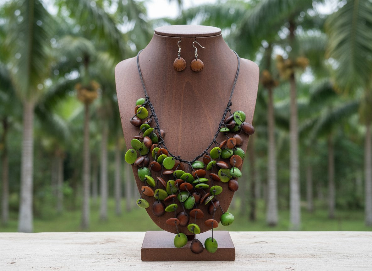 Handmade fair trade Tagua Necklace and earrings set, eco-friendly jewelry from Ecuador