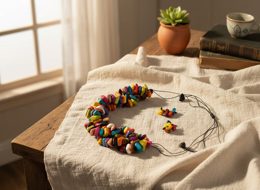 Handmade fair trade Tagua Necklace and earrings set, eco-friendly jewelry from Ecuador