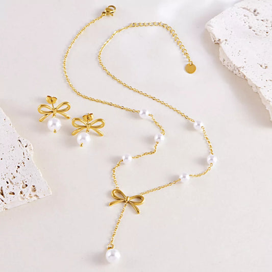  18K Gold-Plated Bowknot Pearl Jewelry Set