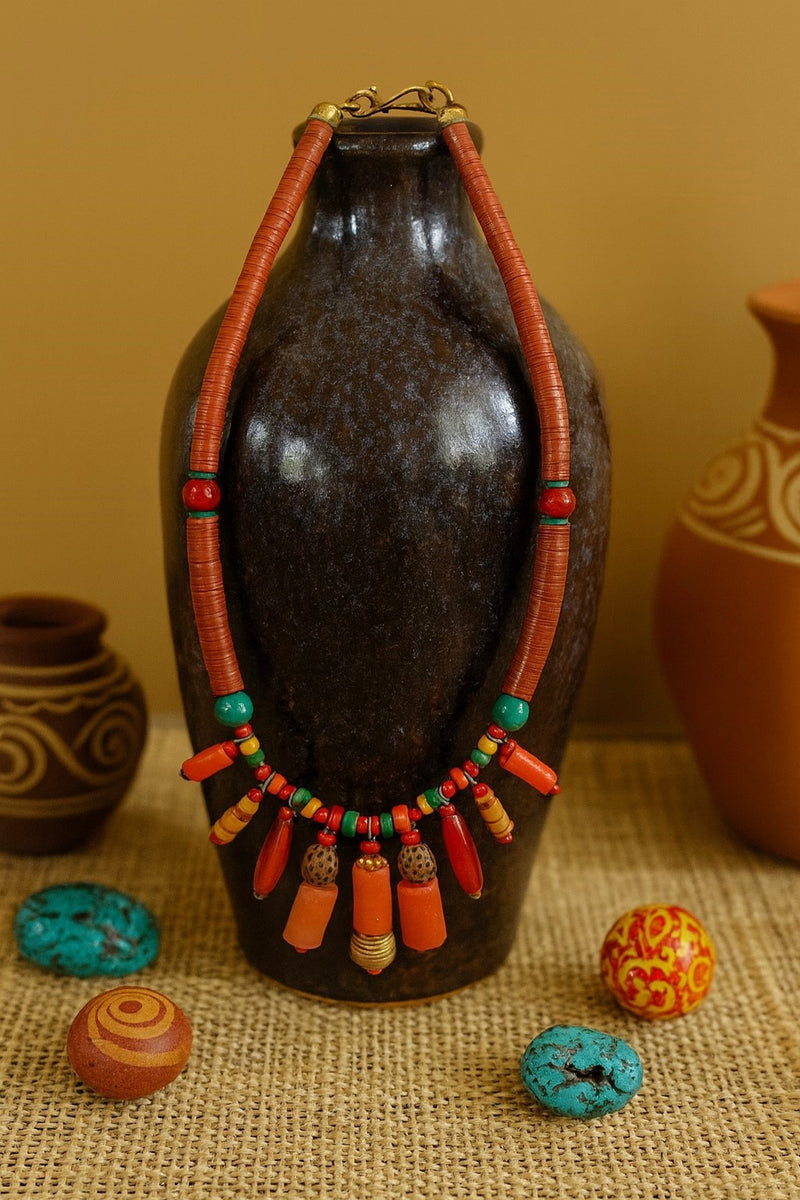 Handmade African Tribal Necklace with Antique Glass & Bronze Accents