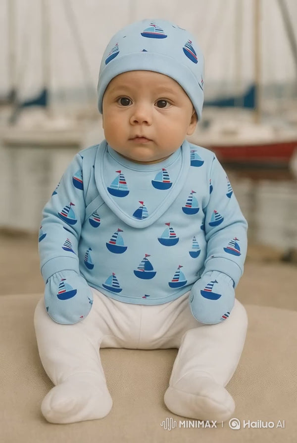 5-piece baby boat print outfit set – newborn 0–3 months – 100% cotton – made in Turkey

