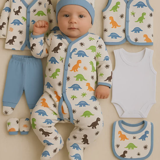 8-piece dinosaur baby clothing set for newborn boys 0–3 months in cotton

