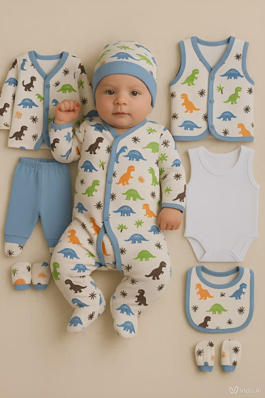 8-piece dinosaur baby clothing set for newborn boys 0–3 months in cotton

