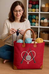 Red Knitting Basket with Embroidered Yarn & Needles Design