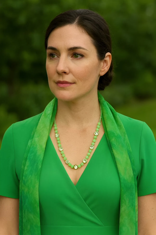 One-of-a-Kind Green Natural Stone Necklace with Faceted Crystal Accents