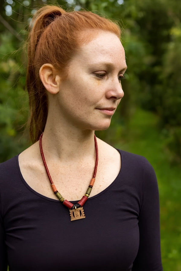 Handmade African Kofi Beads & Bronze Pendant Necklace – Tribal Artisan Jewelry