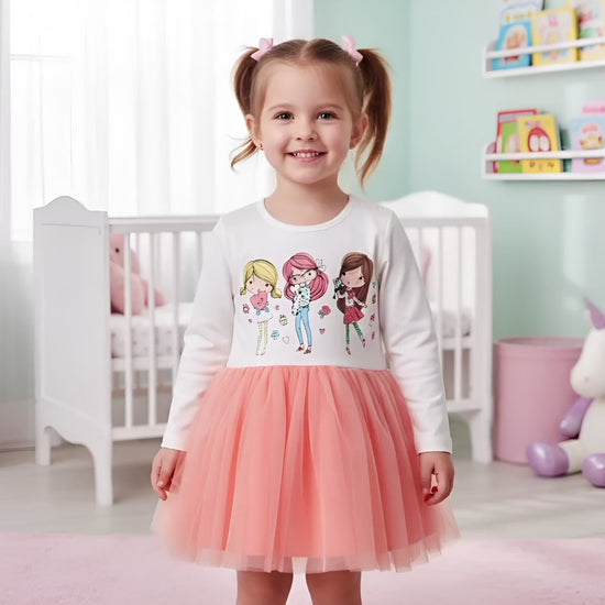 Girls Cotton Dress with 3 Girls Print