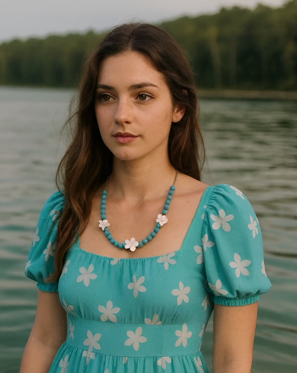 One-of-a-Kind Turquoise Beaded Necklace with White Floral Accents