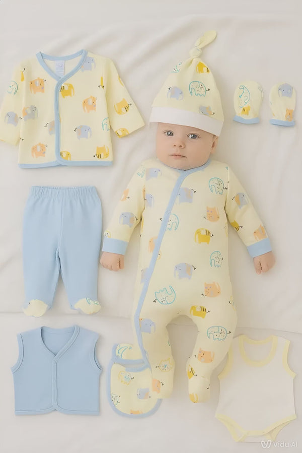 8-piece elephant design newborn baby clothing set in organic cotton

