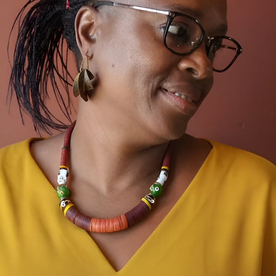 Handmade African Kofi Beads Necklace – Glass & Kofi Discs, Crafted in Quebec