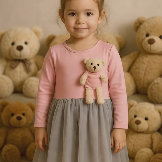 Girls dress with teddy bear pocket – cotton blend  – made in Turkey

