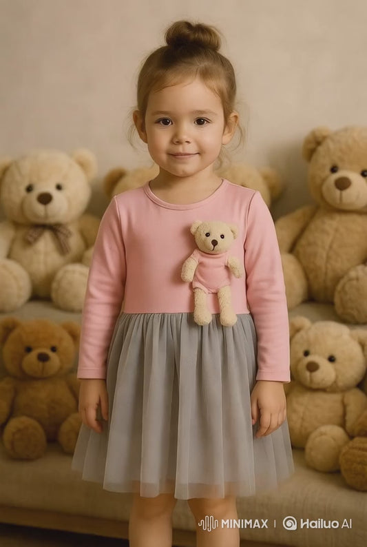 Girls dress with teddy bear pocket – cotton blend  – made in Turkey


