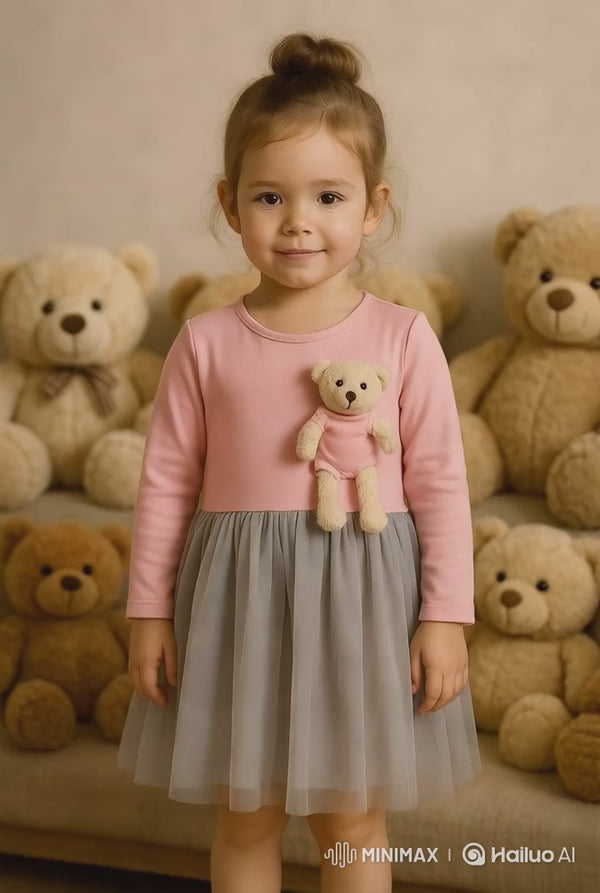 Girls dress with teddy bear pocket – cotton blend – sizes 3 to 8 years – made in Turkey

