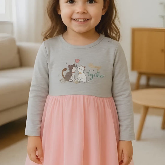 Girls Cotton Dress with Cats Print