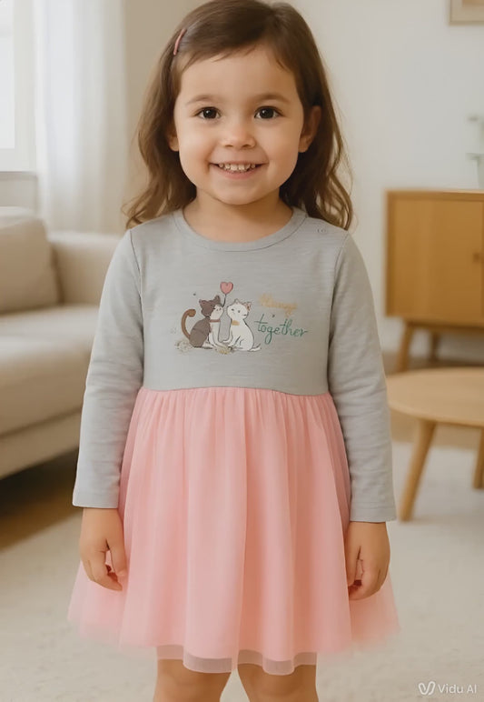 Girls Cotton Dress with Cats Print