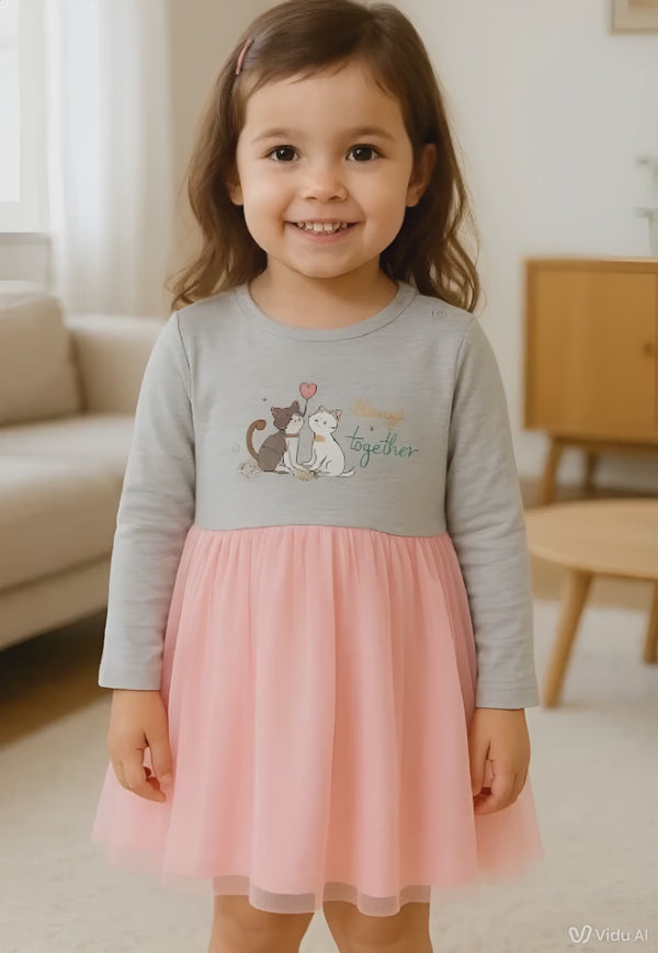 Girls cotton dress with cats print – 1.5 to 5 years – made in Turkey

