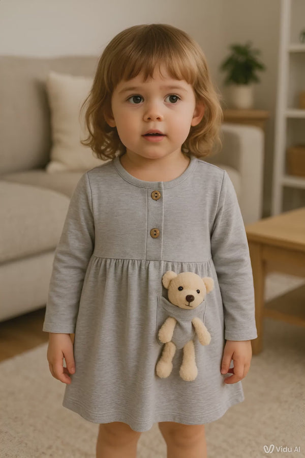 Girls dress with teddy bear pocket – cotton Lycra – 3 to 6 years

