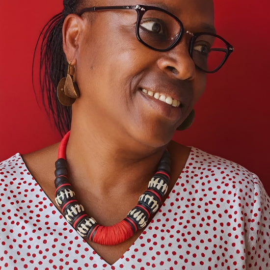 Handmade African Necklace with Red Kofi Beads & Carved  bones