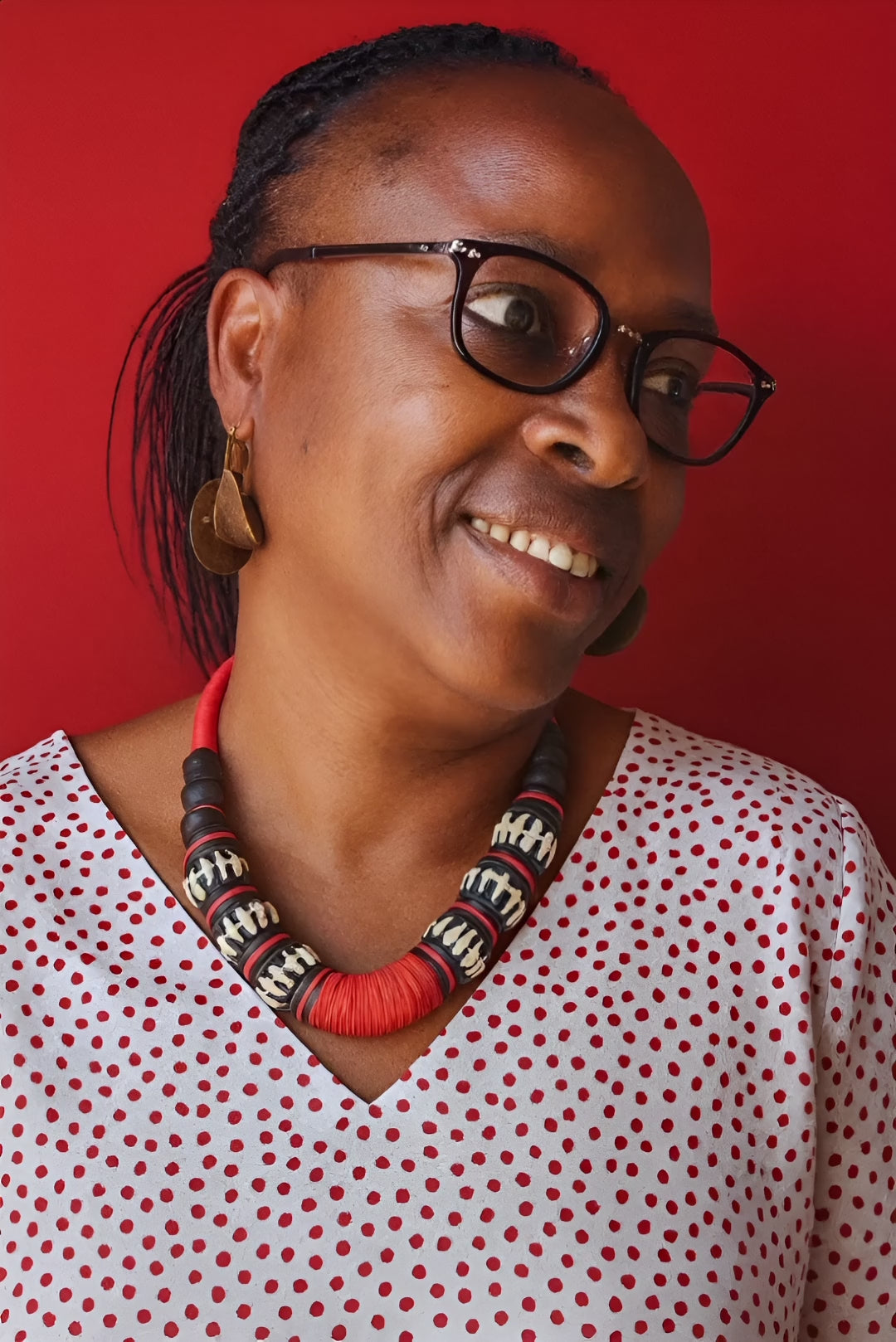 Handmade African Necklace with Red Kofi Beads & Carved  bones