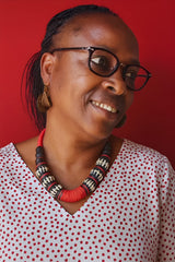 Handmade African Necklace with Red Kofi Beads & Carved Bone Accents