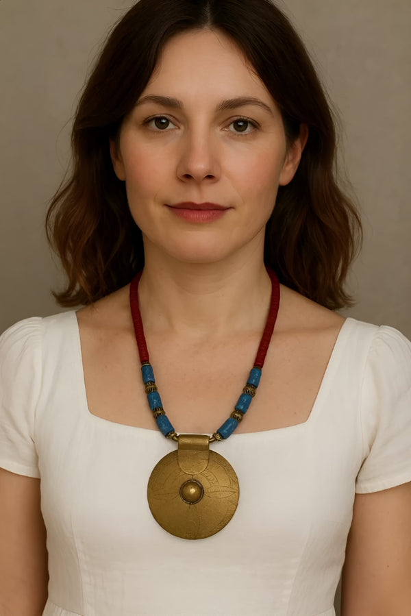 African Handmade Necklace with Kofi Beads and big round Bronze Pendant