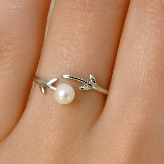 Sterling Silver Leaf & Pearl Adjustable Ring