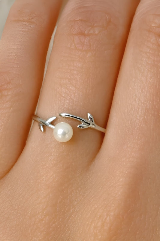 Sterling Silver Leaf & Pearl Adjustable Ring