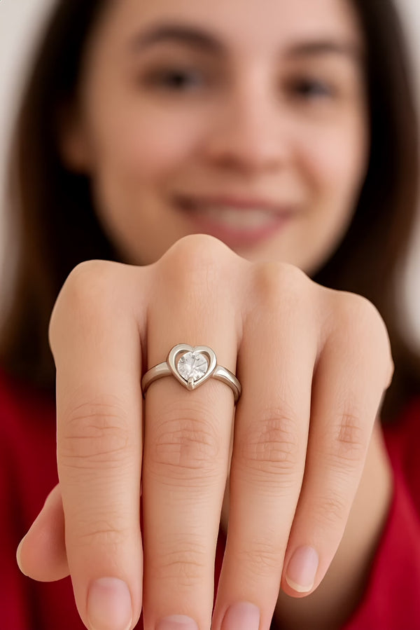 Elegant Sterling Silver adjustable Heart Ring with Sparkling Center Stone