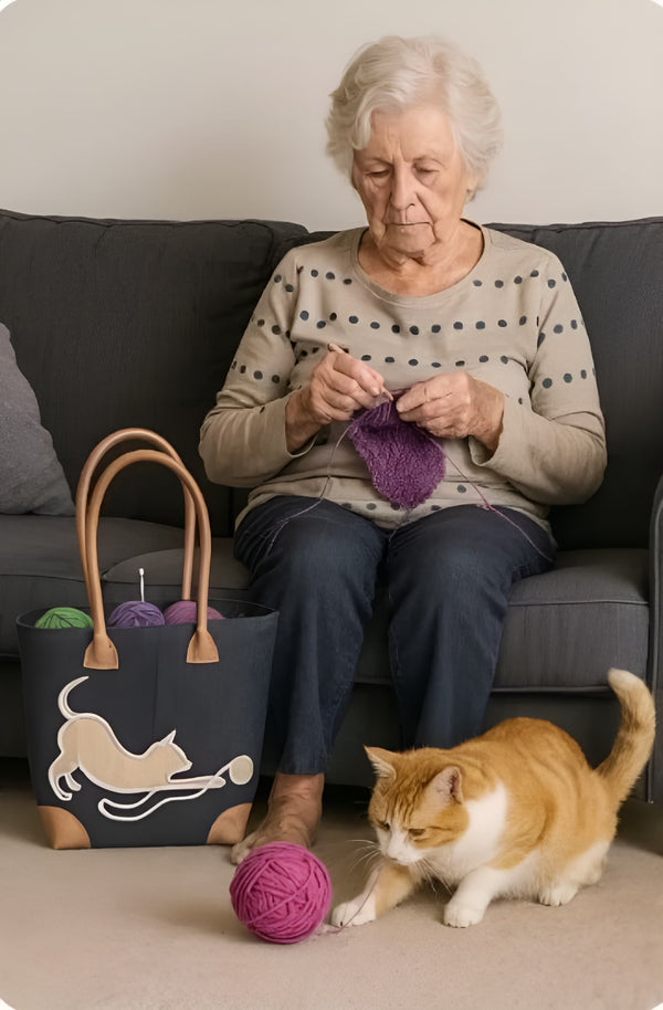 Medium Black Knitting Basket with a cat playing with a ball of wool