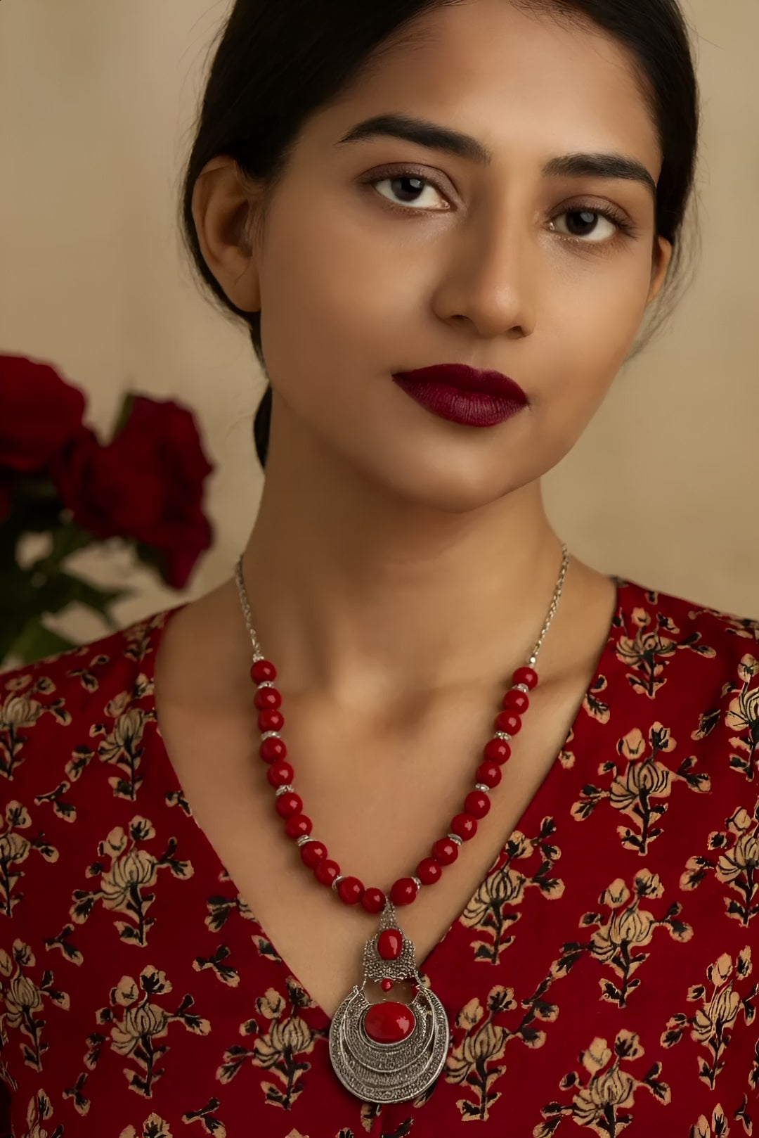 Red Beaded Pendant Necklace