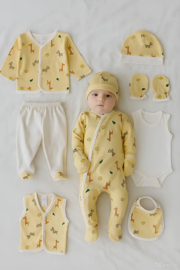 8-piece giraffe print newborn baby clothing gift set in organic cotton


