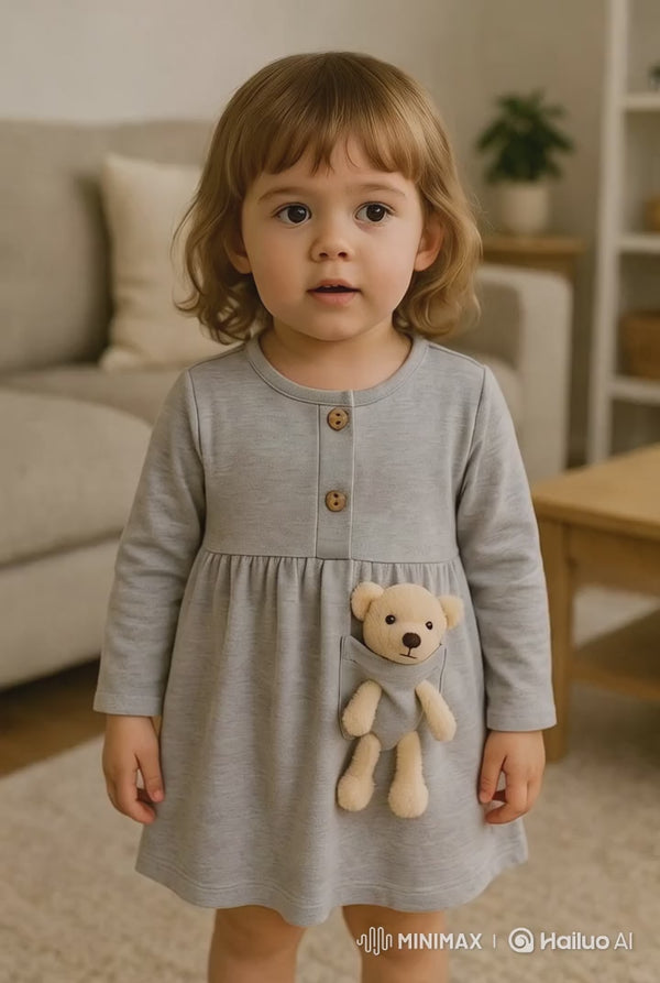 Girls dress with teddy bear pocket – cotton Lycra – 3 to 6 years

