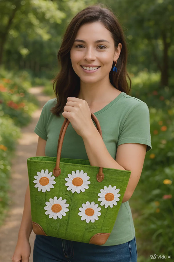 Small Handmade Fair Trade Basket with Green Daisy Design

