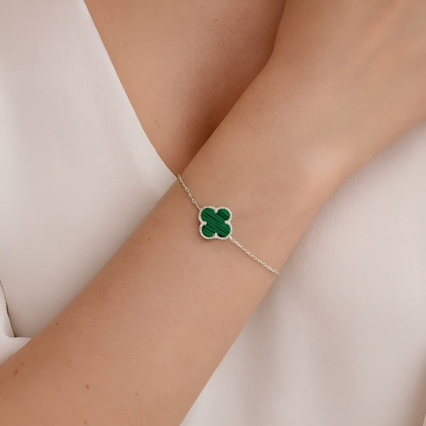 Elegant Sterling Silver Malachite Clover Bracelet
