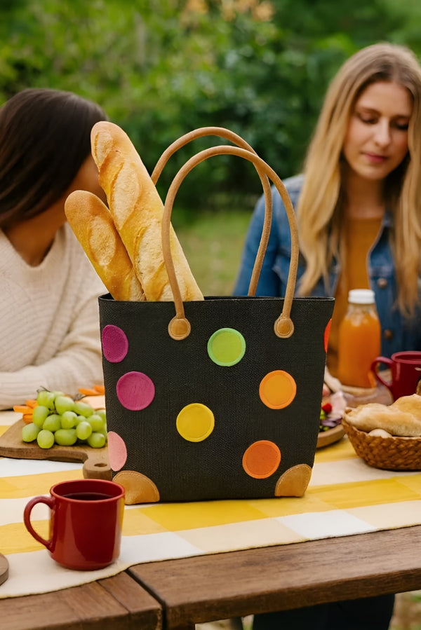 Medium Fair Trade Madagascar Basket – Colorful Polka Dot Design