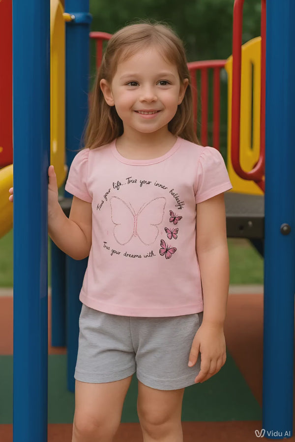 Girls butterfly print top and shorts set – cotton Lycra summer outfit made in Turkey

