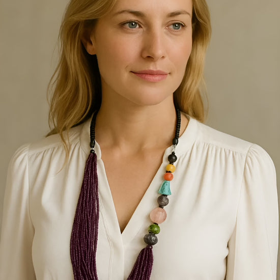 Handmade African Necklace with Swarovski, Glass & Ebony Wood