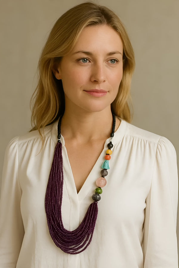 Handmade African Necklace with Swarovski, Glass & Ebony Wood