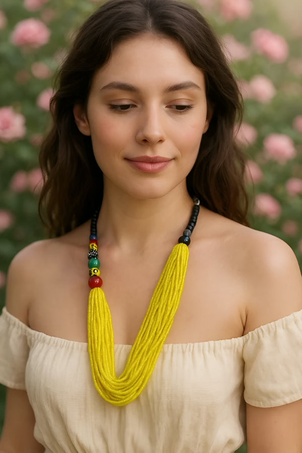 African Handmade Necklace – Recycled Glass, Swarovski Beads, Ebony Wood & Bronze