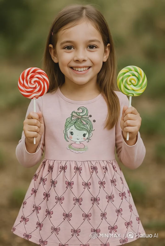 Girls dress with quirky girl print – cotton blend - made in Turkey

