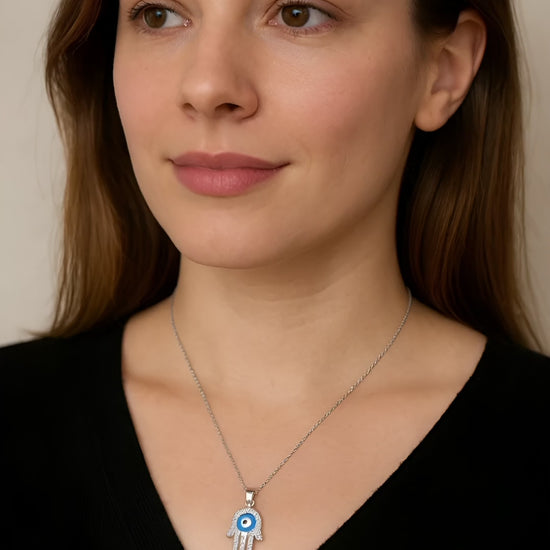 Sterling Silver Hamsa Hand Pendant with Evil Eye Protection