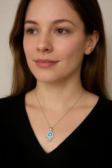 Sterling Silver Hamsa Hand Pendant with Evil Eye Protection