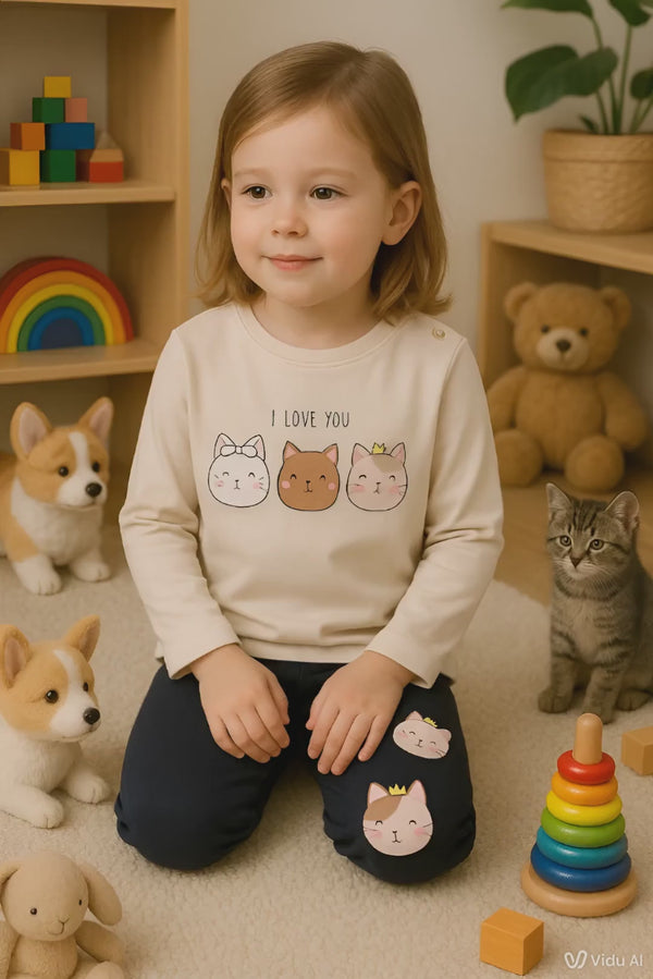 Toddler girls cat print top and pants set – 1.5 to 5 years – cotton elastane – made in Turkey

