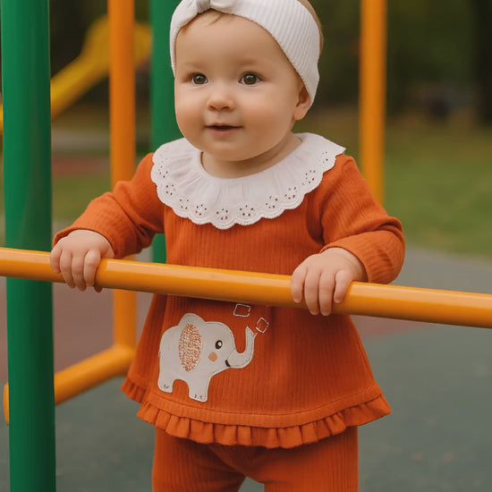 3-piece baby girl outfit with lace collar and elephant design – cotton blend made in Turkey

