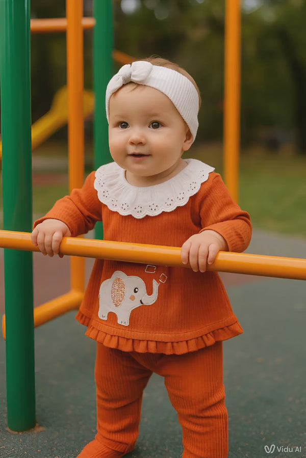 3-piece baby girl outfit with lace collar and elephant design – cotton blend made in Turkey

